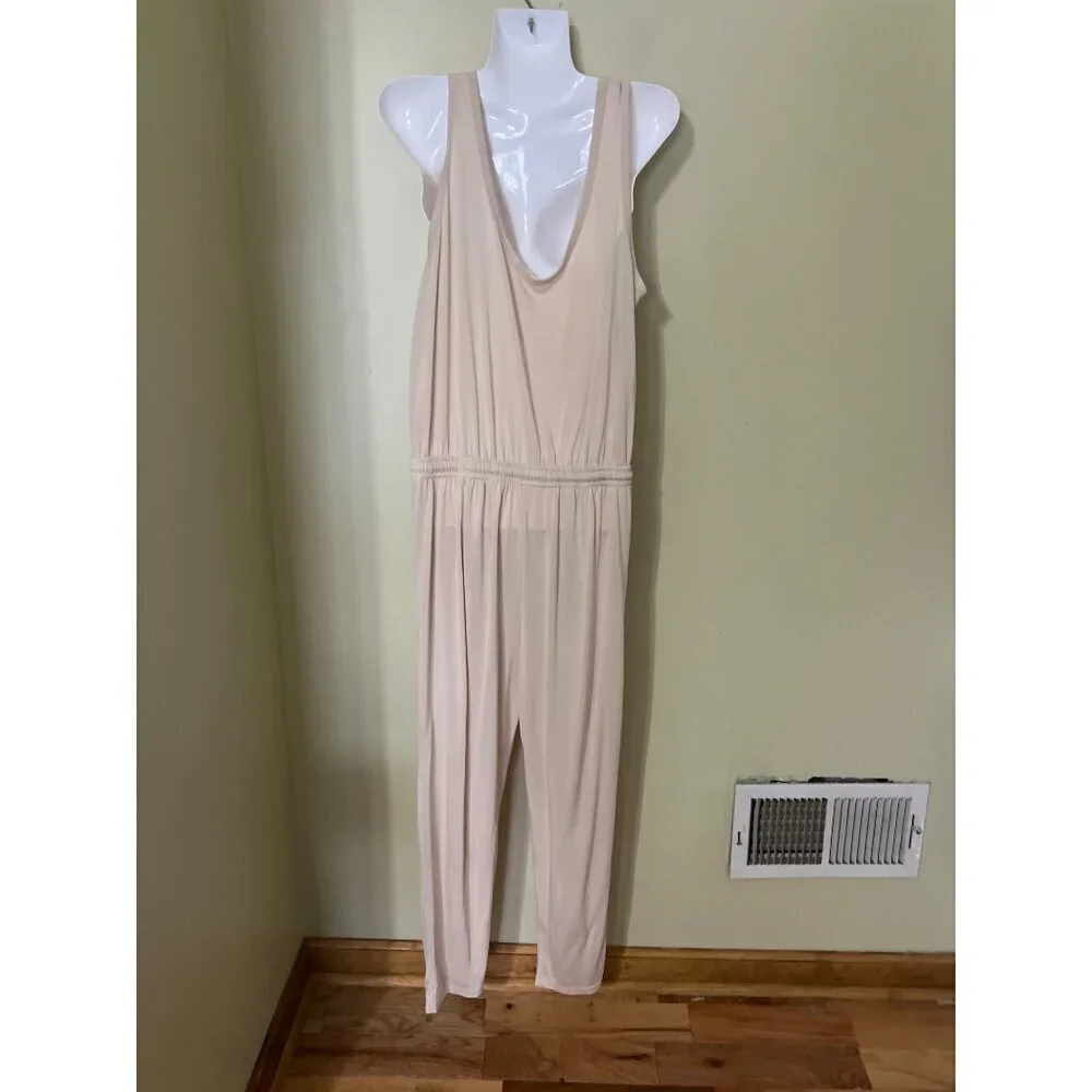 Lush Womens Sleeveless Beige Jumpsuit Large  With‎ Elastic Waist & Scoop Neck